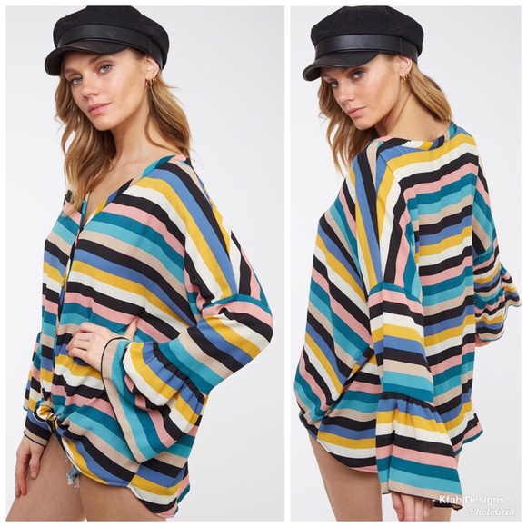 LAST 1! ❤️Multi Stripe Bell Sleeve Top! - Picture 2 of 7